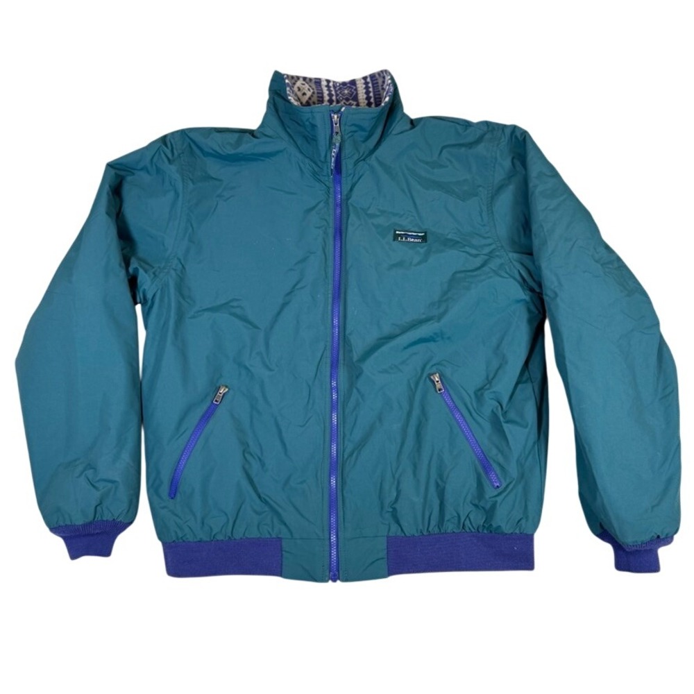 LL Bean Warm-up Jacket Teal Green Purple Fleece Lined Bomber Vintage Style Large